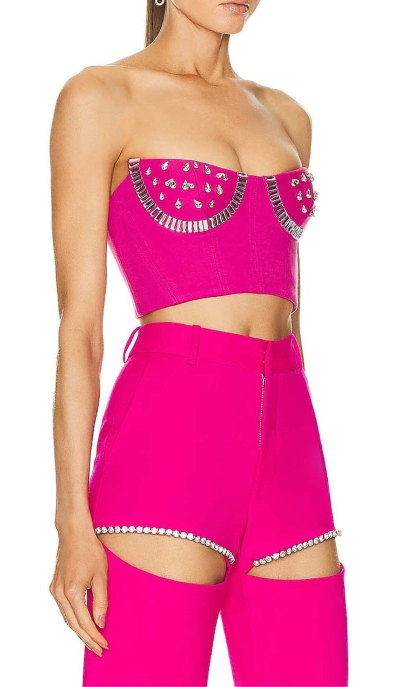 CRYSTAL STITCHED CUTOUT TWO PIECE SET IN PINK DRESS sis label 