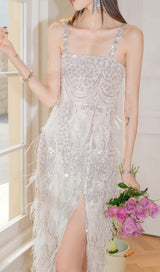 EMBROIDERED FEATHER CRYSTAL MIDI DRESS IN WHITE