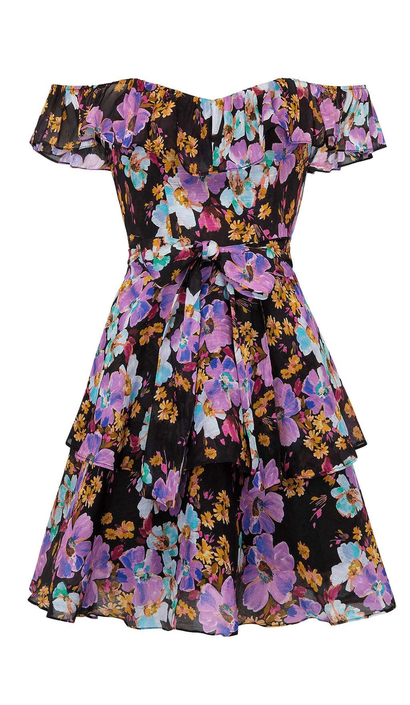 FLORAL-PRINT OFF-SHOULDER MINI DRESS IN PURPLE DRESS STYLE OF CB 