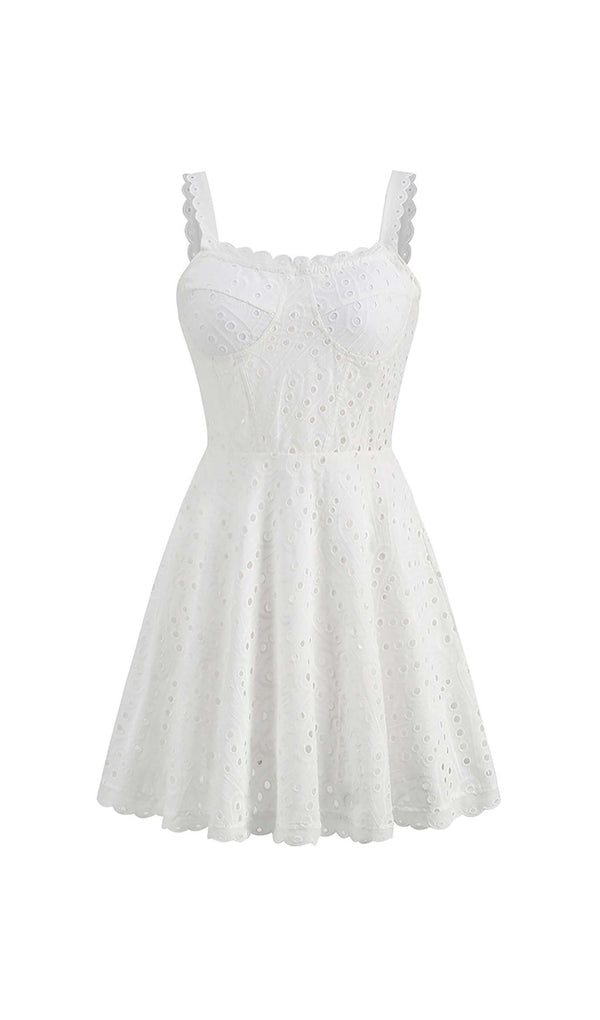 EYELET LACE STRAPPY MINI DRESS IN WHITE