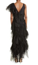 FEATHER V-NECK FLUTED MIDI DRESS IN BLACK STYLE OF CB 