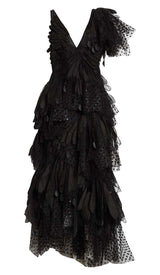 FEATHER V-NECK FLUTED MIDI DRESS IN BLACK STYLE OF CB 