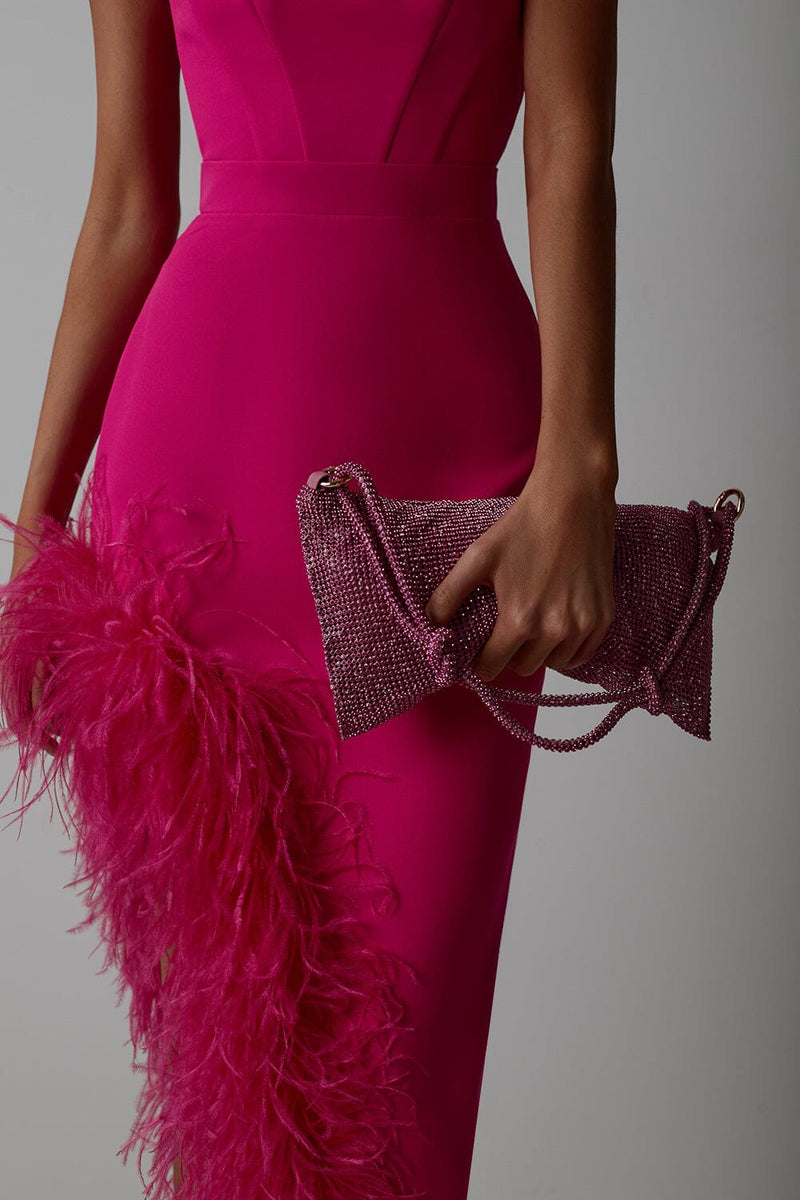 FEATHER HIGH-LOW DRESS IN HOT PINK