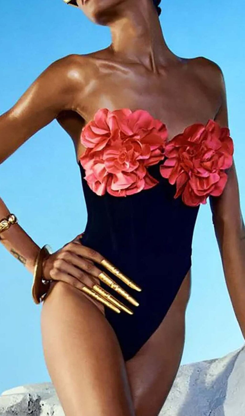 FLORAL APPLIQUÉD CORSET SWIMSUIT IN BLACK DRESS STYLE OF CB 