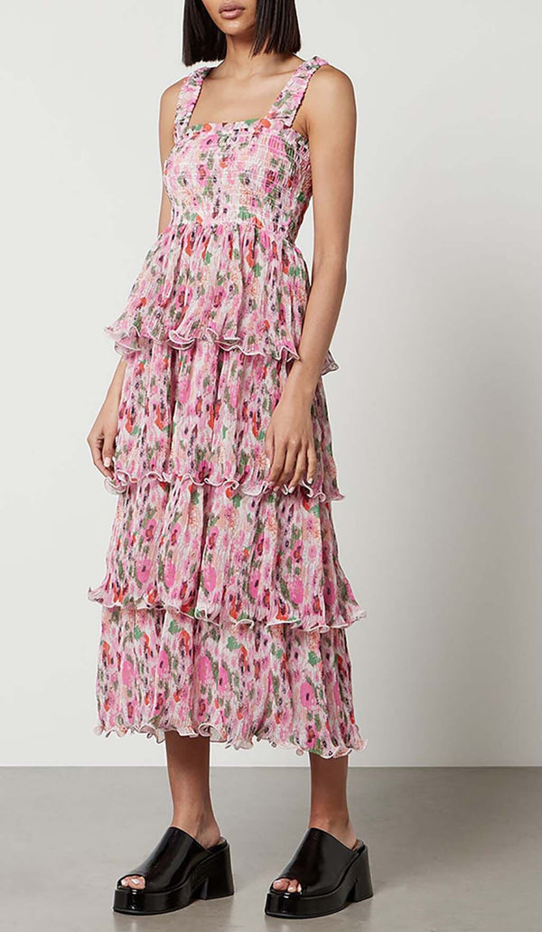 FLORAL-APPLIQUÉ TIERED MIDI DRESS IN PINK DRESS STYLE OF CB 