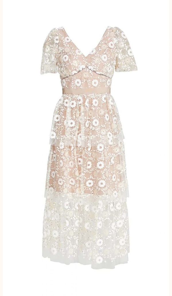 FLORAL EMBELLISHED PUFF SLEEVE MIDI DRESS IN WHITE DRESS STYLE OF CB 