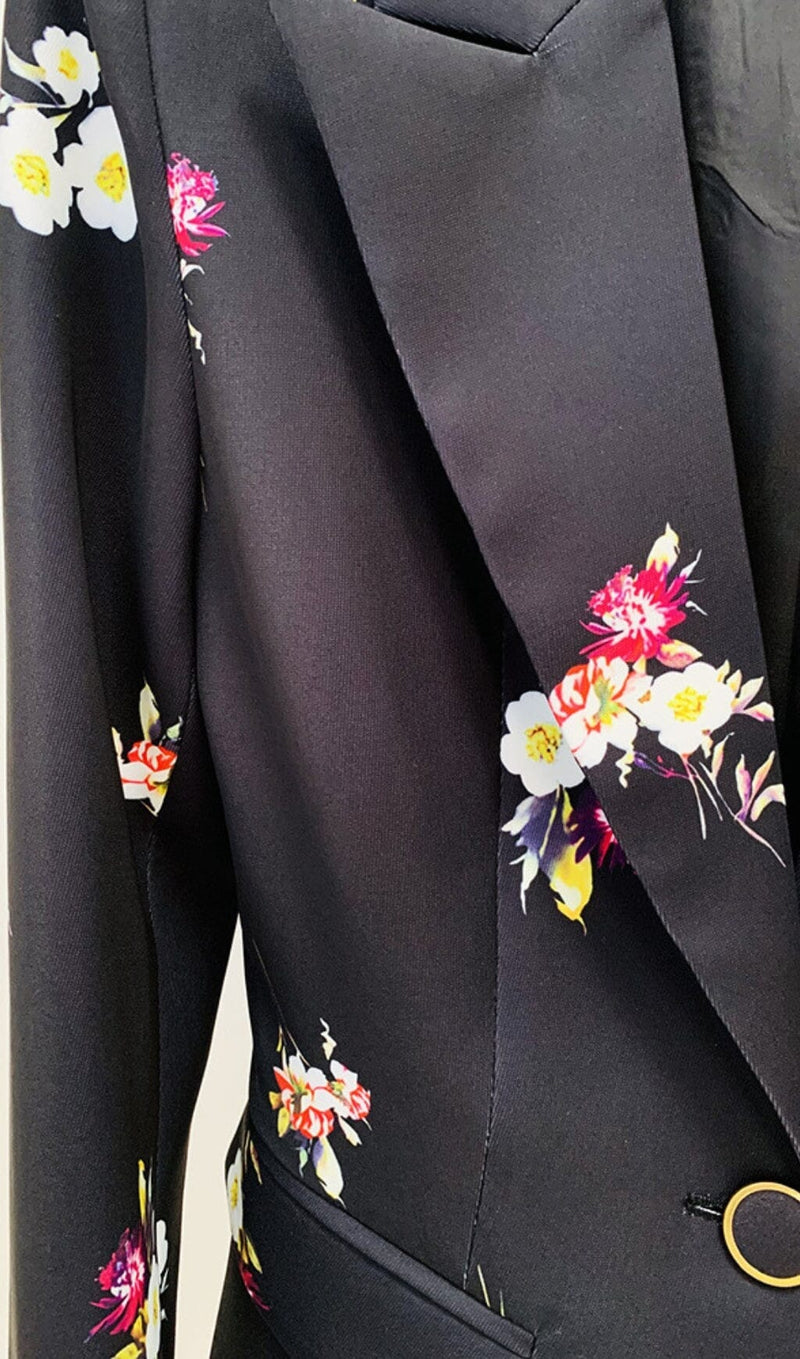 FLORAL PRINT FLARE JACKET SUIT IN BLACK- BELLA GALVAN FREE