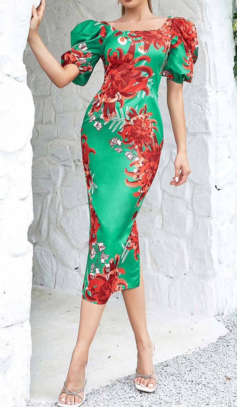 FLORAL PRINT PUFF SLEEVED OPEN BACK MIDI DRESS IN GREEN DRESS STYLE OF CB 