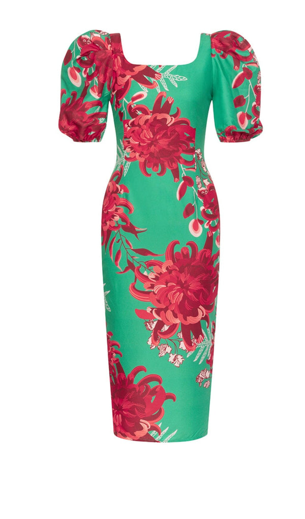 FLORAL PRINT PUFF SLEEVED OPEN BACK MIDI DRESS IN GREEN DRESS STYLE OF CB 