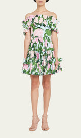 FLORAL-PRINT RUFFLE MINI DRESS IN OLIVE DRESS STYLE OF CB 