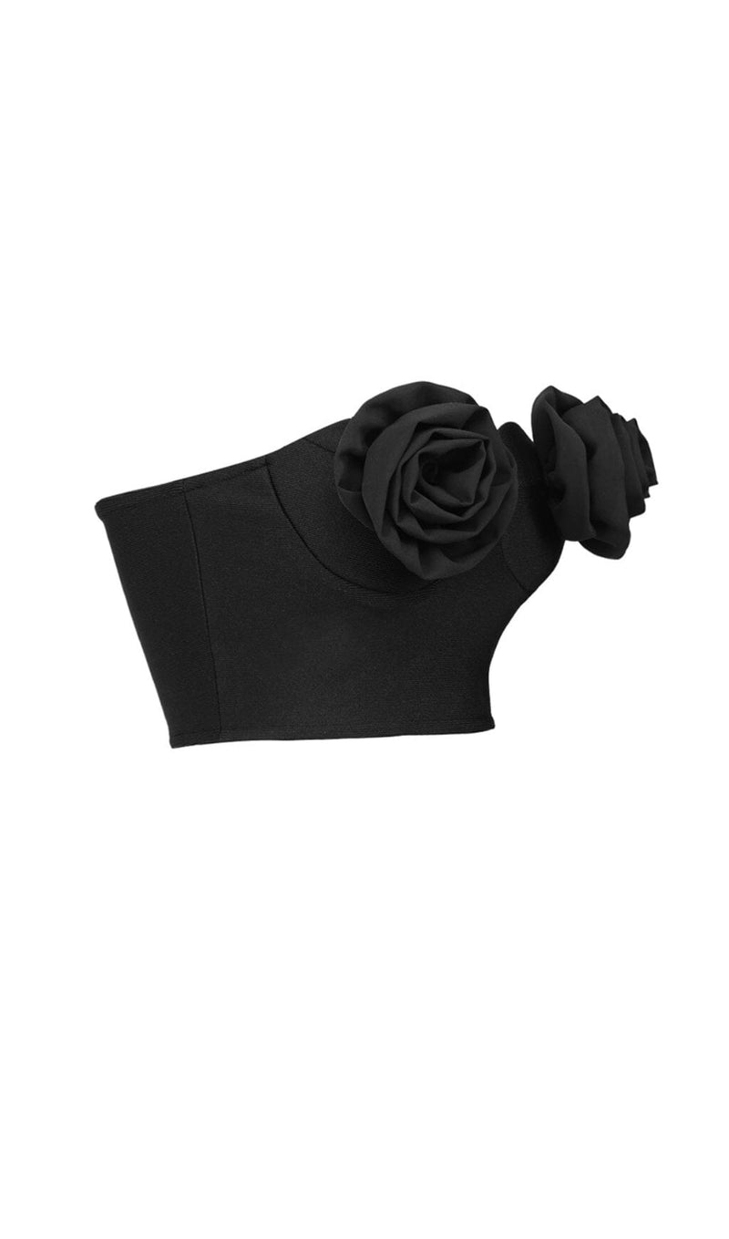 FLOWER APPLIQUE BUSTIER-STYLE TOP IN BLACK DRESS STYLE OF CB 