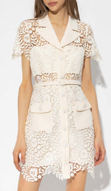 GUIPURE LACE FLAP POCKETS JACKET DRESS IN WHITE