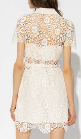 GUIPURE LACE FLAP POCKETS JACKET DRESS IN WHITE