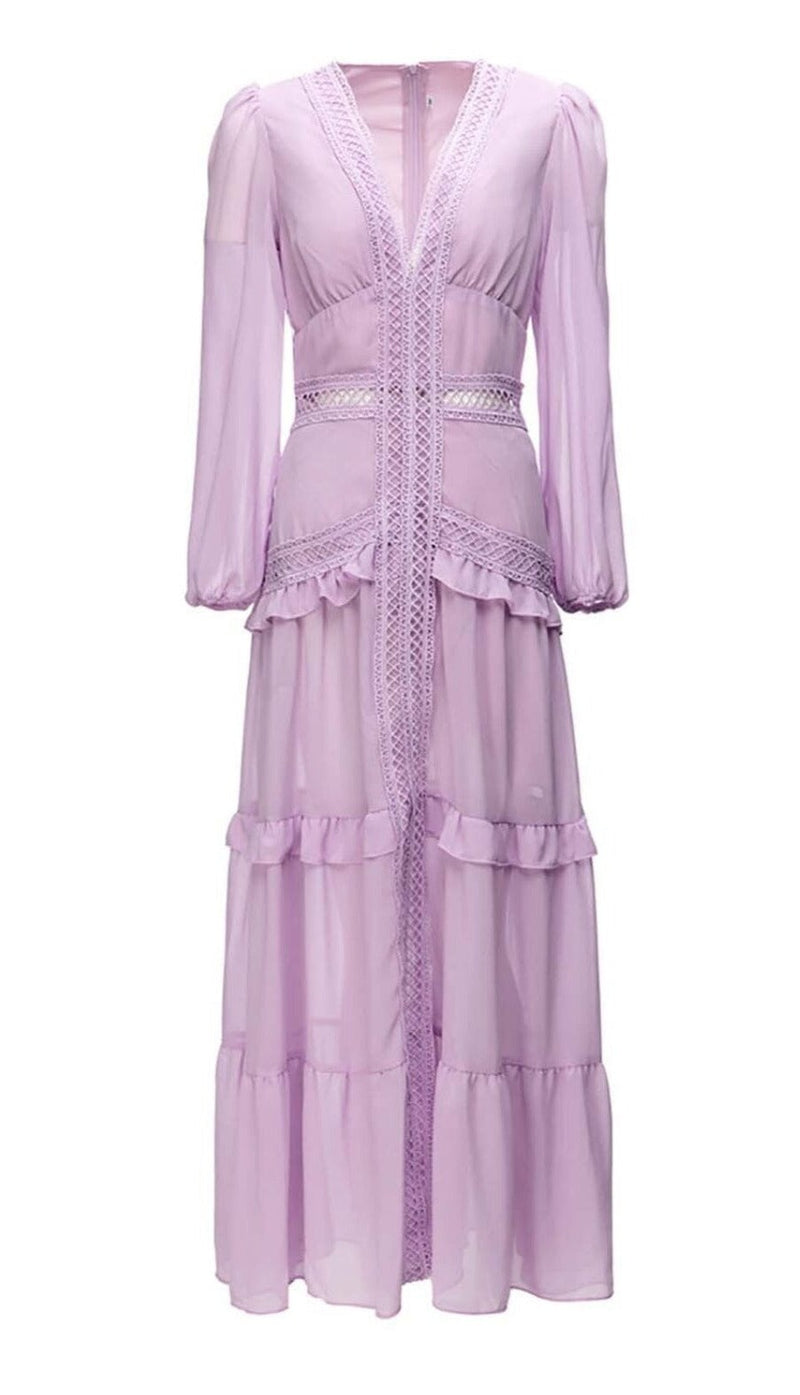 LONG SLEEVE RUFFLE MAXI DRESS IN LILAC DRESS STYLE OF CB