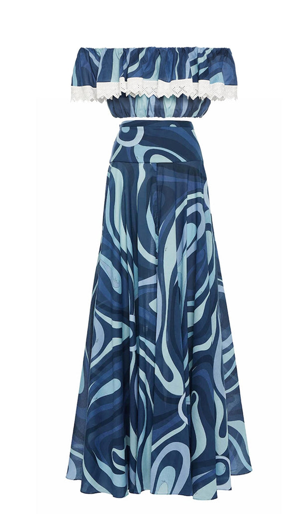 MARMO-PRINT RUFFLE TWO PIECE SET IN BLUE DRESS STYLE OF CB 