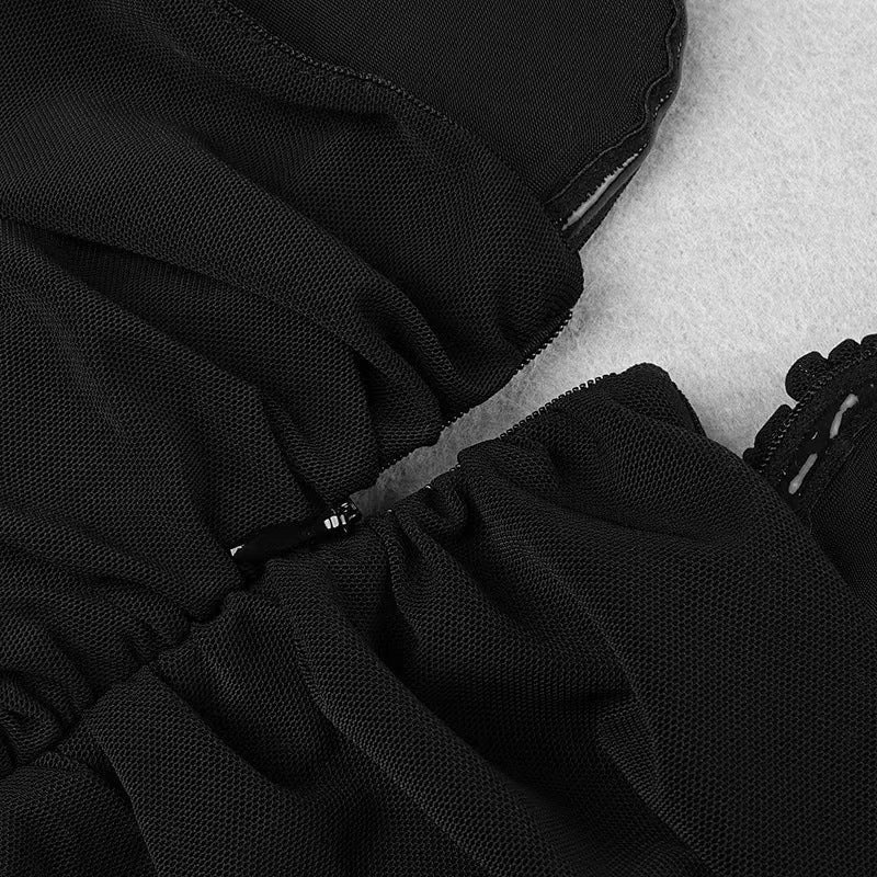 BLACK STRAPLESS RUCHED MINI DRESS