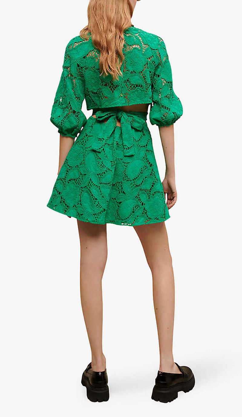 PAISLEY-EMBROIDERED MINI DRESS IN GREEN