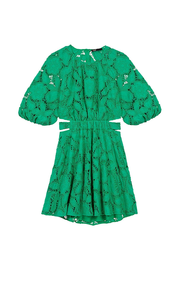 PAISLEY-EMBROIDERED MINI DRESS IN GREEN