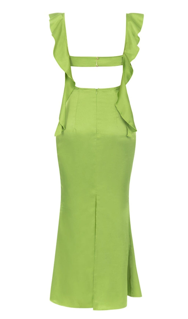 RUCHED SATIN MAXI DRESS IN GREEN