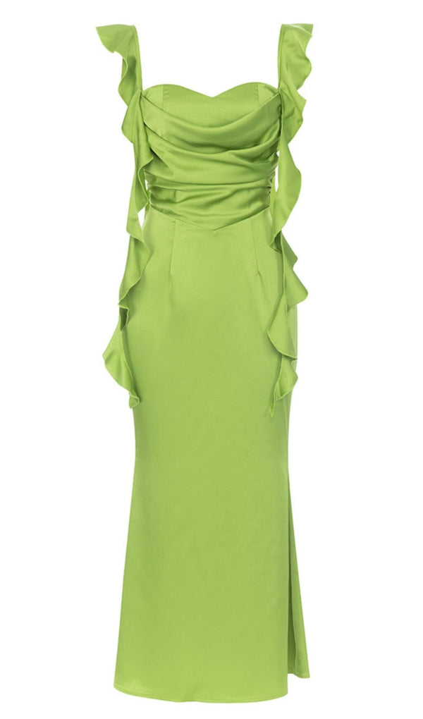RUCHED SATIN MAXI DRESS IN GREEN