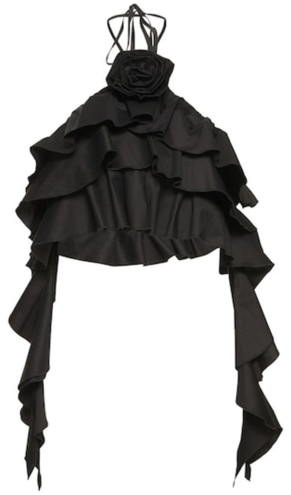 RUFFLE-DETAIL HALTER CROP TOP IN BLACK DRESS STYLE OF CB 