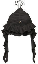 RUFFLE-DETAIL HALTER CROP TOP IN BLACK DRESS STYLE OF CB 