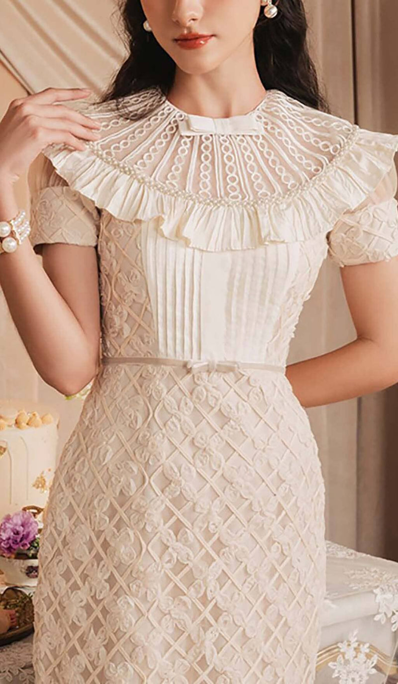 RUFFLES EMBROIDERY MIDI DRESS IN WHITE DRESS STYLE OF CB 