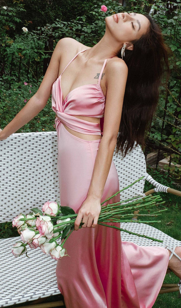 SATIN HALTER CUT OUT MAXI DRESS IN PINK