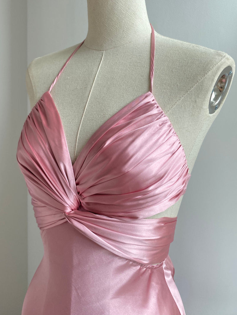 SATIN HALTER CUT OUT MAXI DRESS IN PINK