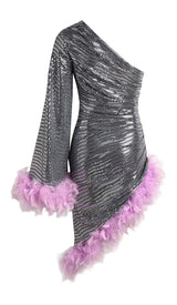 SEQUIN FEATHER HIGH-LOW DRESS IN SLIVER DRESS STYLE OF CB 