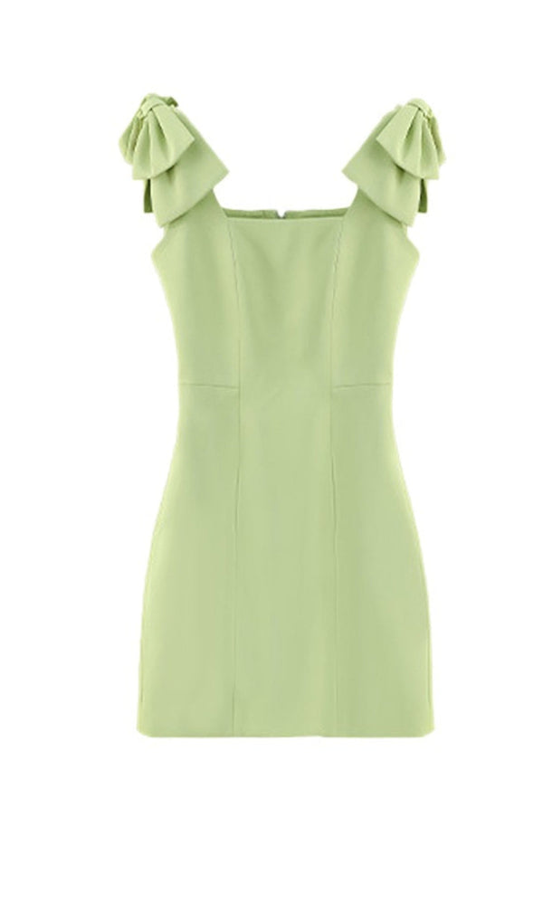 SQUARE NECK BOW DETAIL MINI DRESS IN GREEN