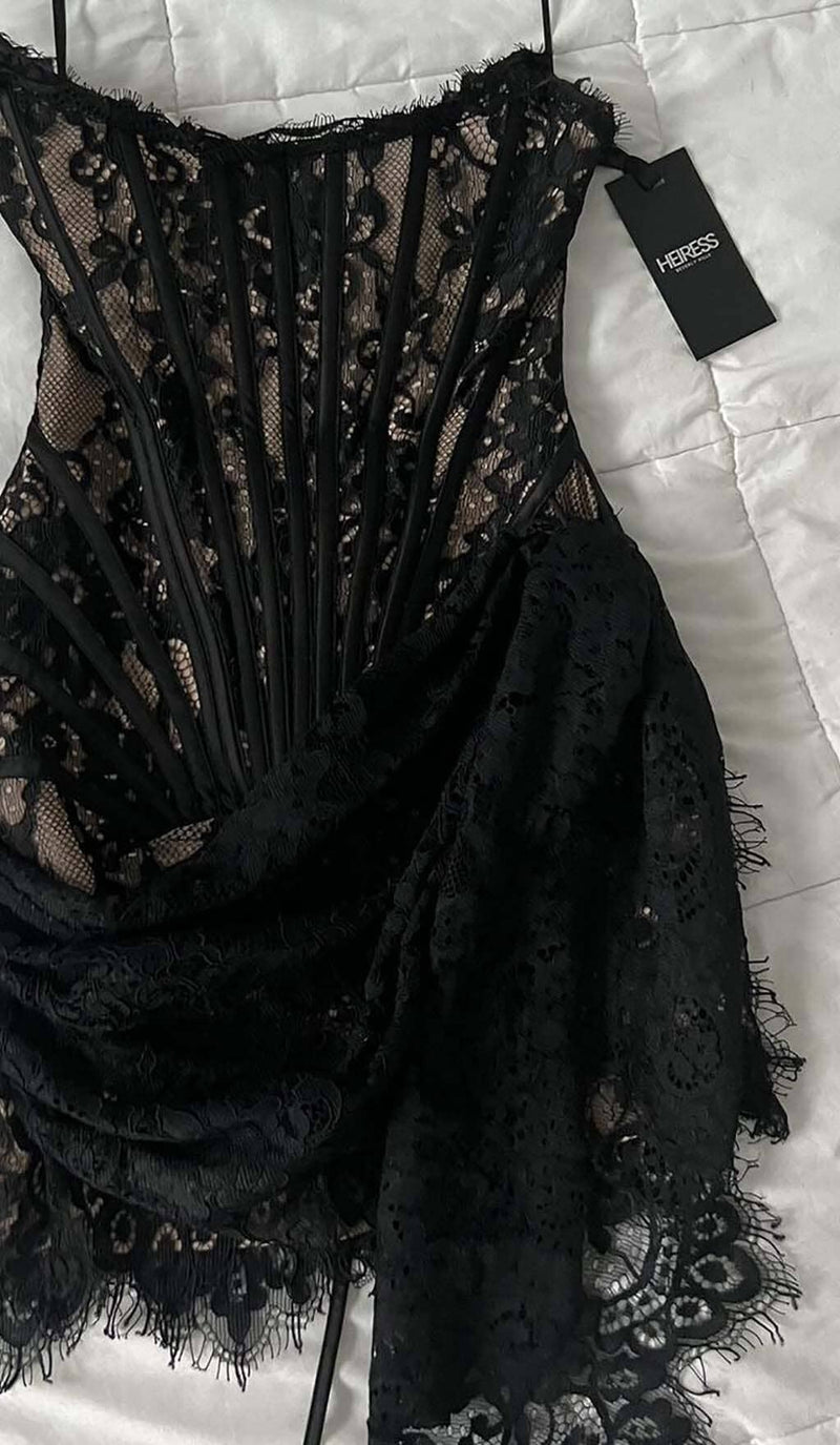 STRAPLESS LACE APPLIQUES MINI DRESS IN BLACK DRESS sis label 