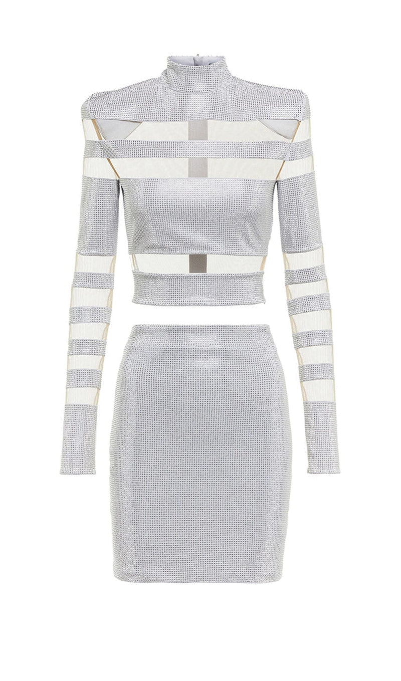 STRIPED RHINESTONE TWO PIECE SET IN SLIVER DRESS STYLE OF CB 