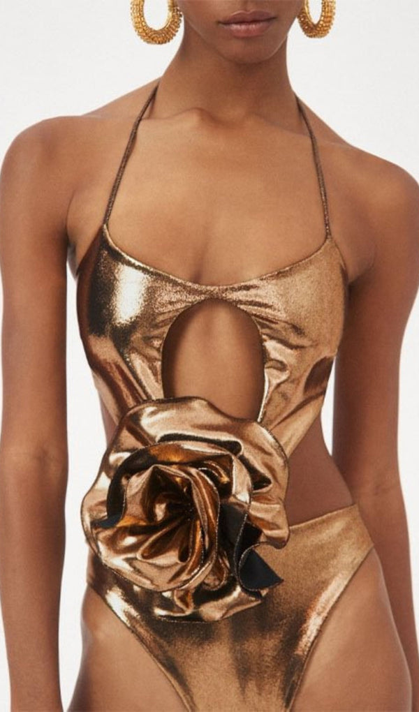HALTER CUTOUT FLOWER SWIMSUIT IN GOLD
