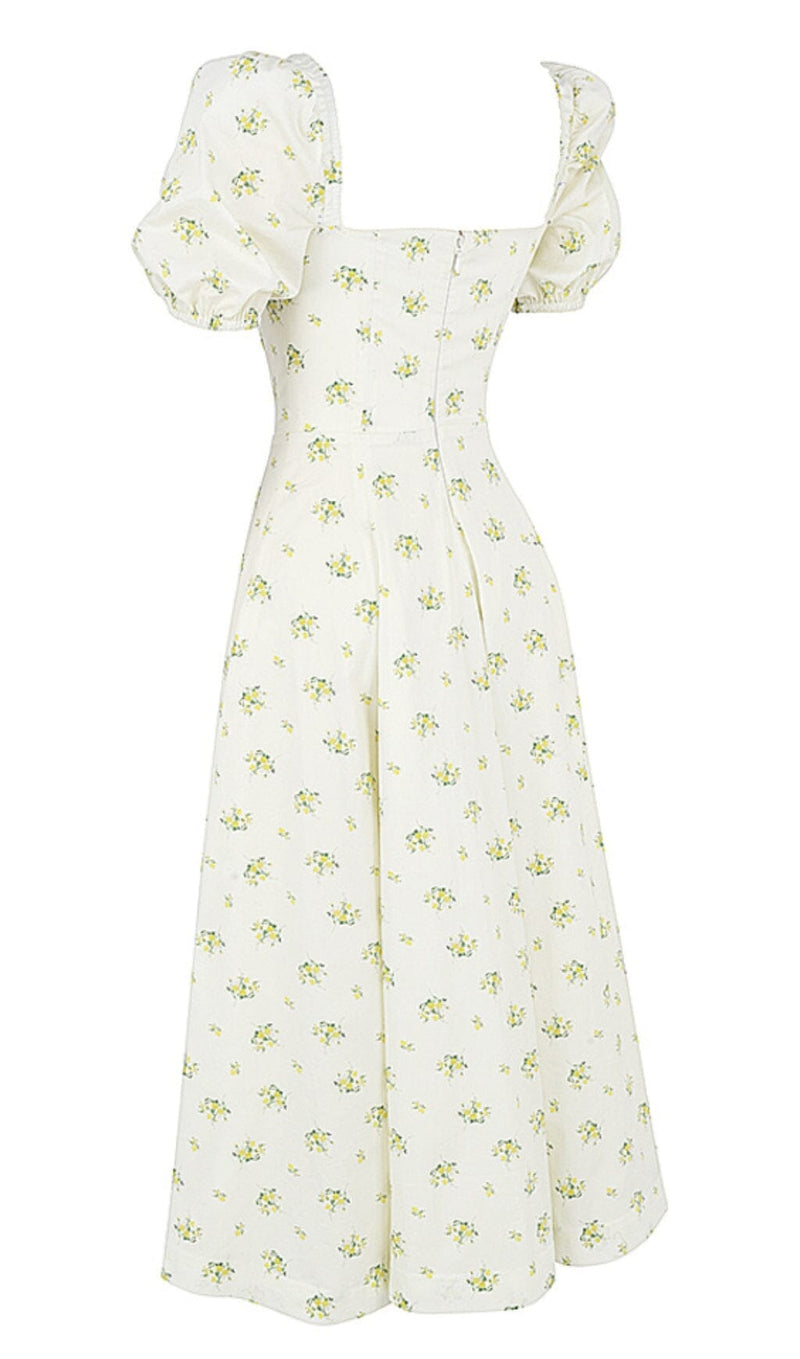 VINTAGE FLORAL PUFF SLEEVE MIDI DRESS IN WHITE styleofcb 