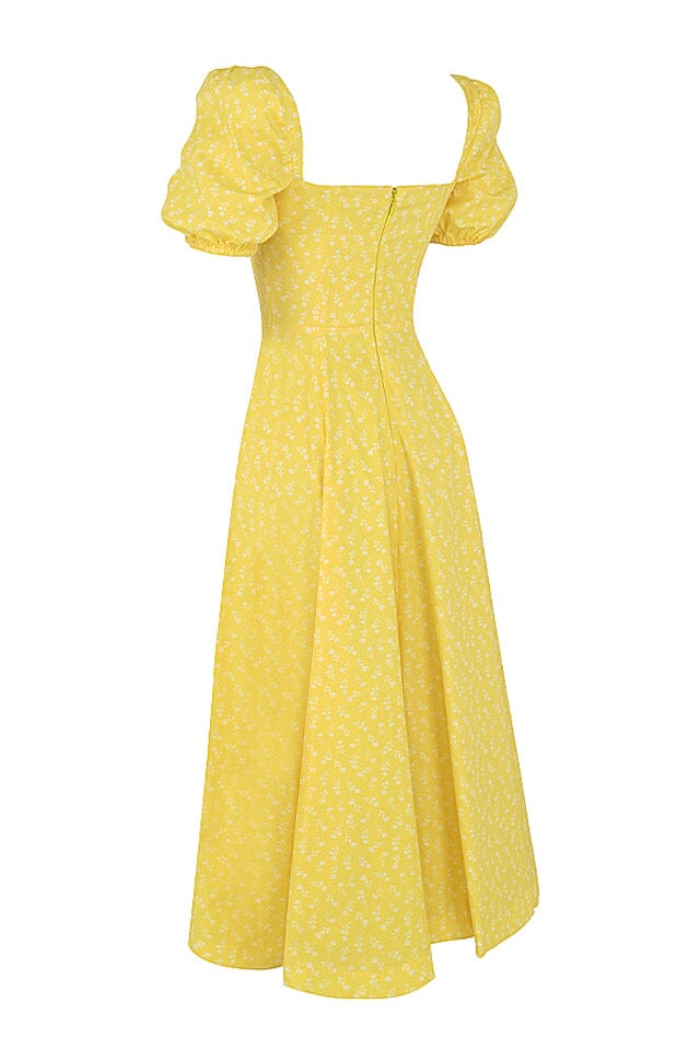 VINTAGE FLORAL PUFF SLEEVE MIDI DRESS IN YELLOW styleofcb 
