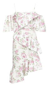 FLORAL-PRINT RUFFLE BANDEAU MIDI DRESS IN WHITE DRESS STYLE OF CB 